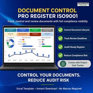 Puede incluir: Una pantalla de portátil muestra un panel de control de control de documentos con gráficos y datos. El texto dice "Document Control Pro Register ISO9001". Las características incluyen el control del ciclo de vida del documento y la reducción de riesgos.