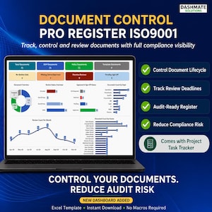 May include: A laptop screen displays a document control dashboard with data visualizations. The text reads "Document Control Pro Register ISO9001." Key features include document lifecycle control, review deadline tracking, and audit-ready register. The dashboard is designed to reduce compliance risk.