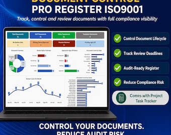 Document Control Dashboard Excel Template | SOP Policy Register | Review Tracker | ISO Compliance | Approval Tracking