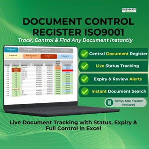Document Control Register Excel Template | ISO 9001 | SOP, Policy & Review Tracking