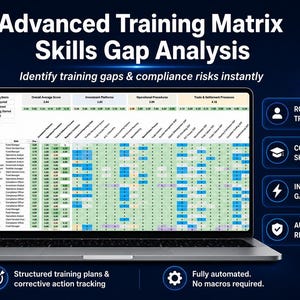 May include: A laptop screen shows a skills gap analysis matrix with the text "Advanced Training Matrix Skills Gap Analysis." The screen displays a grid of data with blue, green, and white cells. Additional text includes "Role-Based Training Tracking" and "Instant Gaps & Training."
