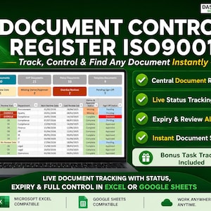Peut inclure: Capture d'écran d'un ordinateur portable affichant un registre de contrôle de documents avec le texte "DOCUMENT CONTROL REGISTER ISO9001." Suivi en direct, alertes d'expiration et recherche instantanée de documents. Compatible avec Excel et Google Sheets.