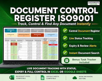 Dokumentenkontrolle Register Excel und Sheets Vorlage | DIN-9001 | SOP, Richtlinien- und Bewertungsverfolgung