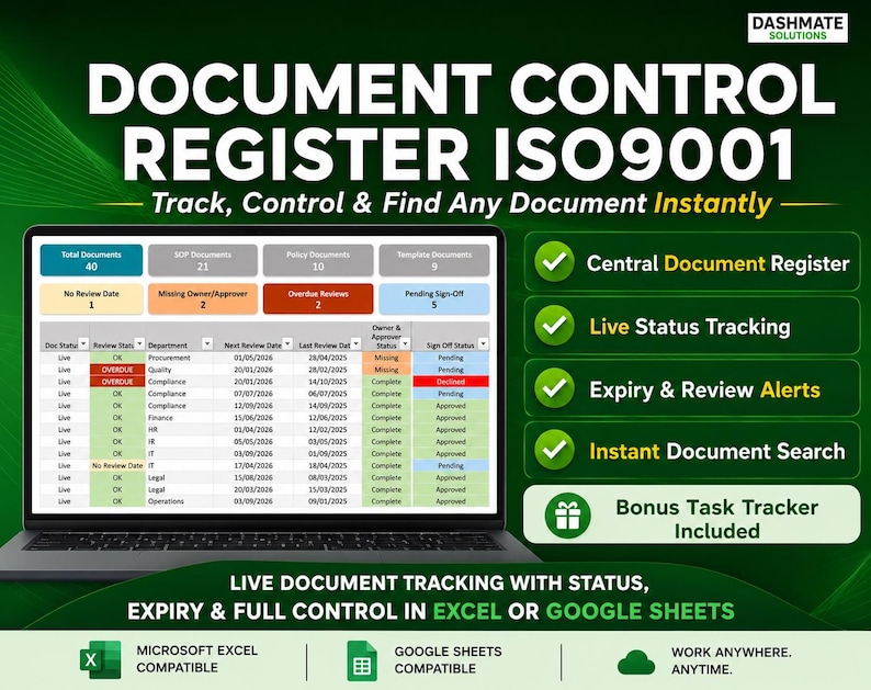 Document Control Register Excel and Sheets Template | ISO 9001 | SOP ...