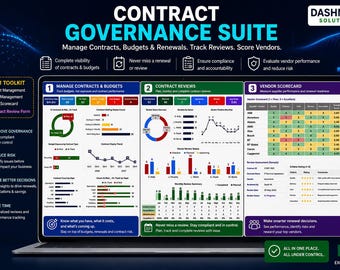 Vertragsmanagement Dashboard Pro | Vertragsregister, Vertragsüberblicke, Vendor Scorecard & Renewal Tracker