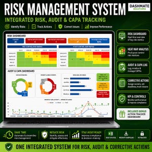 Könnte beinhalten: Ein Laptop-Bildschirm mit einem Dashboard für ein Risikomanagementsystem. Die Oberfläche zeigt Diagramme und Datenvisualisierungen für Risikobewertung, Audit und Korrekturmaßnahmen. Der Text auf dem Bildschirm lautet "Risk Management System".