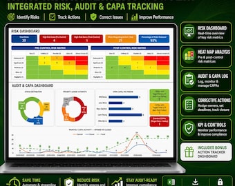 Plantilla de registro de riesgos en Excel / Registro de auditoría y CAPA / Panel de control de gestión de riesgos ISO 9001