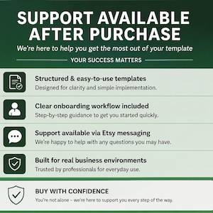 May include: A green and white graphic with the text "SUPPORT AVAILABLE AFTER PURCHASE". The image lists features including structured templates, clear onboarding, Etsy messaging support, and business environment compatibility. The phrase "BUY WITH CONFIDENCE" is also displayed.