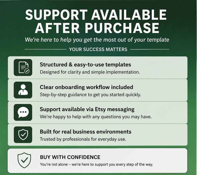 May include: A green and white graphic with the text "SUPPORT AVAILABLE AFTER PURCHASE". The image lists features including structured templates, clear onboarding, Etsy messaging support, and business environment compatibility. The phrase "BUY WITH CONFIDENCE" is also displayed.