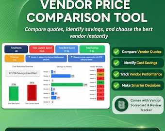 Verkäufer Preisvergleich Excel-Tool | Einkaufs Dashboard, Lieferantenbewertung (Digitaler Download)