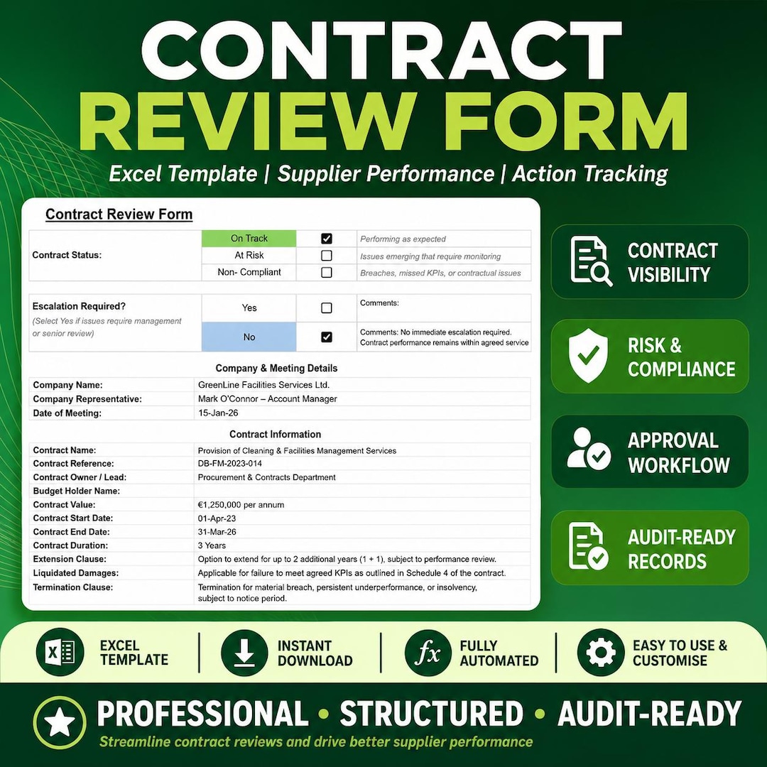 Contract Review Form Excel Template | Supplier Performance Action ...
