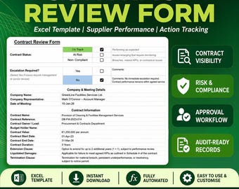 Vertrags-Review-Formular Excel-Vorlage | Lieferantenleistung Aktions-Tracker | Auftragsvergabe & Auftragswesen
