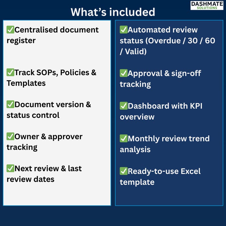 Document Control Dashboard Excel Template | SOP Policy Register ...