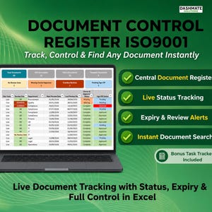 Puede incluir: Un portátil muestra un registro de control de documentos con el texto "DOCUMENT CONTROL REGISTER ISO9001". La imagen destaca funciones como el seguimiento del estado en vivo y la búsqueda instantánea de documentos. Se incluye un rastreador de tareas de bonificación.