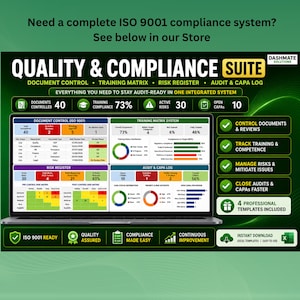 K&ouml;nnte beinhalten: Ein digitales Dashboard mit dem Titel Quality & Compliance Suite auf einem Laptop-Bildschirm. Es enth&auml;lt Bereiche f&uuml;r Dokumentenkontrolle, Schulungsmatrix, Risikoregister sowie Audit- und CAPA-Protokolle mit verschiedenen Diagrammen und Metriken.