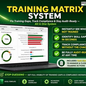 Op de afbeelding: Een laptopscherm toont een "Training Matrix System" interface met datavisualisaties. De groen-witte afbeelding toont trainingsgaten, compliance tracking en audit gereedheid. Tekst benadrukt functies zoals het identificeren van vaardigheidstekorten.