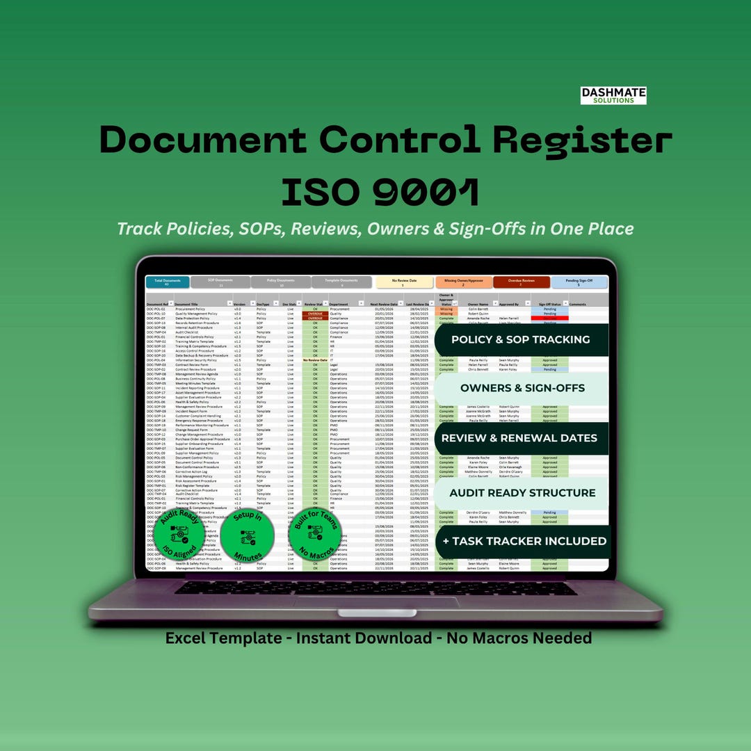 Document Control Register Excel Template | ISO 9001 | SOP, Policy ...