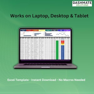 K&ouml;nnte beinhalten: Ein Laptop zeigt eine komplexe Datentabelle mit farbigen Diagrammen und Grafiken. Der Text lautet Dashmate Solutions, Works on Laptop, Desktop & Tablet, und Excel Template - Instant Download - No Macros Needed. Der Bildschirm zeigt Datenzeilen.