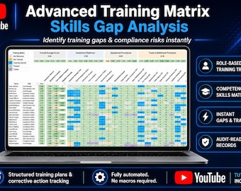 Advanced Training Matrix Excel | Skills Gap Analysis, Competency Tracking & Compliance Dashboard