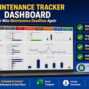 May include: A digital maintenance tracker dashboard displayed on a laptop screen. The interface features various charts, graphs, and data tables for tracking asset status, service dates, maintenance costs, and technician hours with a task tracker included.