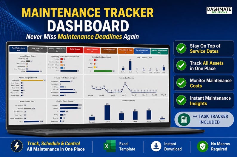 Maintenance Tracker Excel Template | Asset Management Dashboard ...