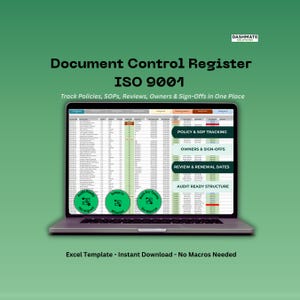 Dokumentensteuerregister Excel-Vorlage | DIN-9001 | SOP, Richtlinien- und Bewertungsverfolgung
