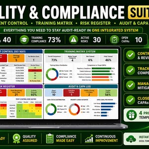Può includere: Uno schermo di computer portatile che mostra la dashboard Quality & Compliance Suite con sezioni per il controllo documenti, la matrice di formazione, il registro dei rischi e il registro audit e CAPA su uno sfondo verde scuro.