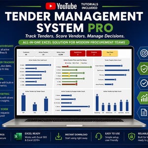 Pode incluir: Uma tela de computador exibindo o painel do Tender Management System Pro, uma ferramenta baseada em Excel para equipes de compras. A interface apresenta vários gráficos, diagramas e métricas para rastrear licitações e decisões.