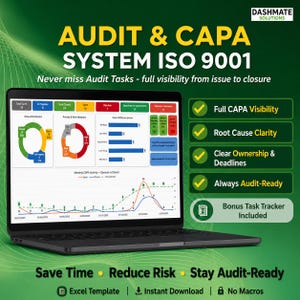 May include: A laptop displaying an Audit & CAPA System ISO 9001 dashboard with charts, graphs, and status metrics. The screen shows data visualizations, while the right side lists features like Full CAPA Visibility and Root Cause Clarity.