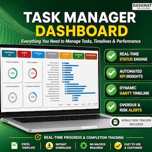 May include: A laptop screen displays a task manager dashboard with charts and progress indicators. The screen shows project completion percentages, risk completion, and a Gantt timeline. Text includes "Real-Time Status Engine" and "Automated KPI Insights."