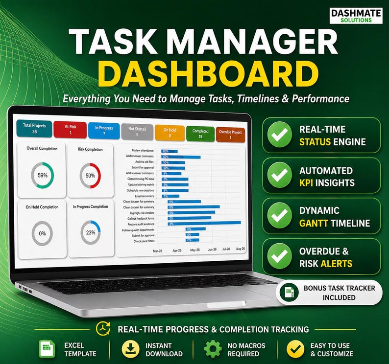 May include: A laptop screen displays a task manager dashboard with charts and progress indicators. The screen shows project completion percentages, risk completion, and a Gantt timeline. Text includes "Real-Time Status Engine" and "Automated KPI Insights."