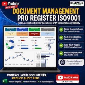 Document Control Dashboard Excel Template | SOP Policy Register | Review Tracker | ISO Compliance | Approval Tracking