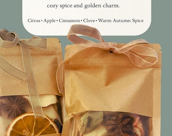 May include: Two brown paper pouches tied with sheer ribbons, filled with dried citrus slices, star anise, and other spices. The text "Harvest Haze" is at the top, with "Citrus, Apple, Cinnamon, Clove, Warm Autumn Spice" below.