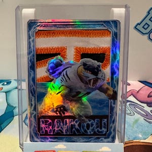Puede incluir: Una tarjeta coleccionable holográfica con una criatura parecida a un tigre con el nombre "RAIKOU" en la parte inferior. La tarjeta está dentro de un soporte de plástico transparente. El fondo tiene un diseño de rayos azules.