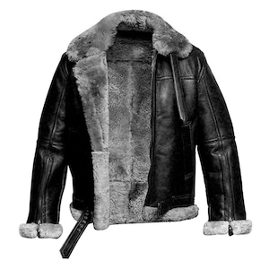 Black Men&#39;s B3 RAF Sheepskin Bomber Winter Shearling Flying Aviator Leather Jacket
