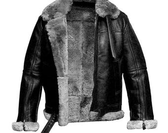 Black Men's B3 RAF Sheepskin Bomber Winter Shearling Flying Aviator Leather Jacket