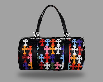 Custom Chrome Christian Stylish Heart Leather Duffle Bag Handmade Weekender Gym Travel Bag