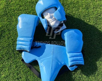 Sky Blue Synthetic Leather Boxing Sparring Set: Gloves, Head Guard, Groin Protector