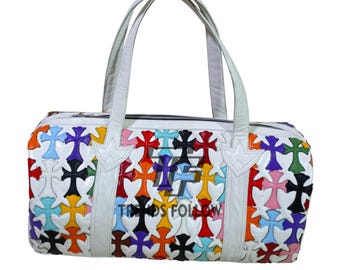 Multicolor Cross Patch Leather Duffel Bag: Genuine Cowhide Weekender Travel Bag