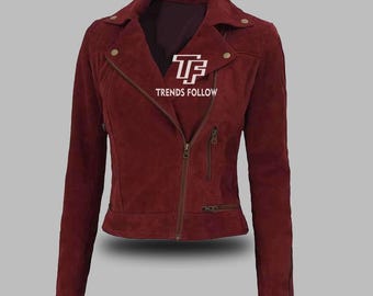Handgefertigte Bikerjacke aus kastanienbraunem Wildleder für Damen