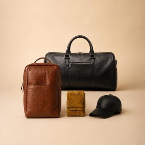 Peut inclure: Un ensemble d'accessoires comprenant un grand sac de voyage en cuir noir, un sac à dos haut en cuir marron, une petite pochette rectangulaire texturée jaune moutarde et une casquette de baseball en cuir noir sur une surface neutre.