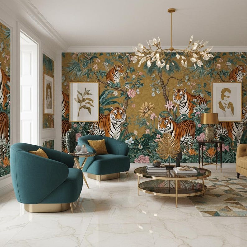 Tropical Tiger Jungle Wallpaper | Exotic Floral Wildlife Wall Mural ...