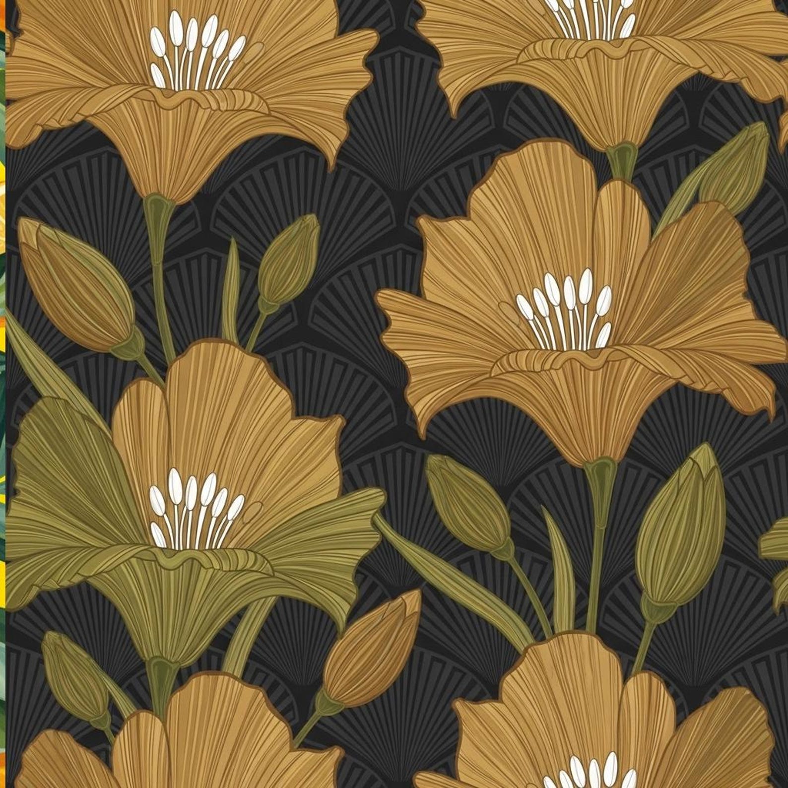 Art Deco Floral Wallpaper | Gold Botanical Pattern on Dark Background