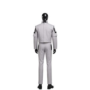 May include: A light gray costume consisting of a cropped jacket with black accents on the shoulders and sleeves, matching pants, and black gloves and boots. The outfit is displayed on a mannequin.