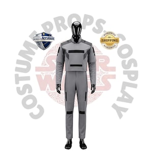 May include: A gray cosplay costume displayed on a mannequin. The costume includes a cropped jacket with dark gray accents, matching pants, and long sleeves. The words "COSTUME PROPS" and "SCREEN ACCURATE" are visible.
