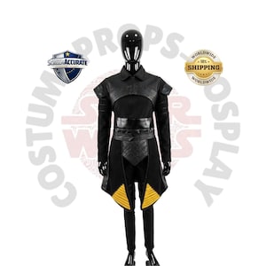 May include: A black cosplay costume displayed on a mannequin. The costume features a long coat with yellow accents, a leather-like chest piece, and matching pants. The image includes logos for "Screen Accurate" and "Worldwide Shipping".