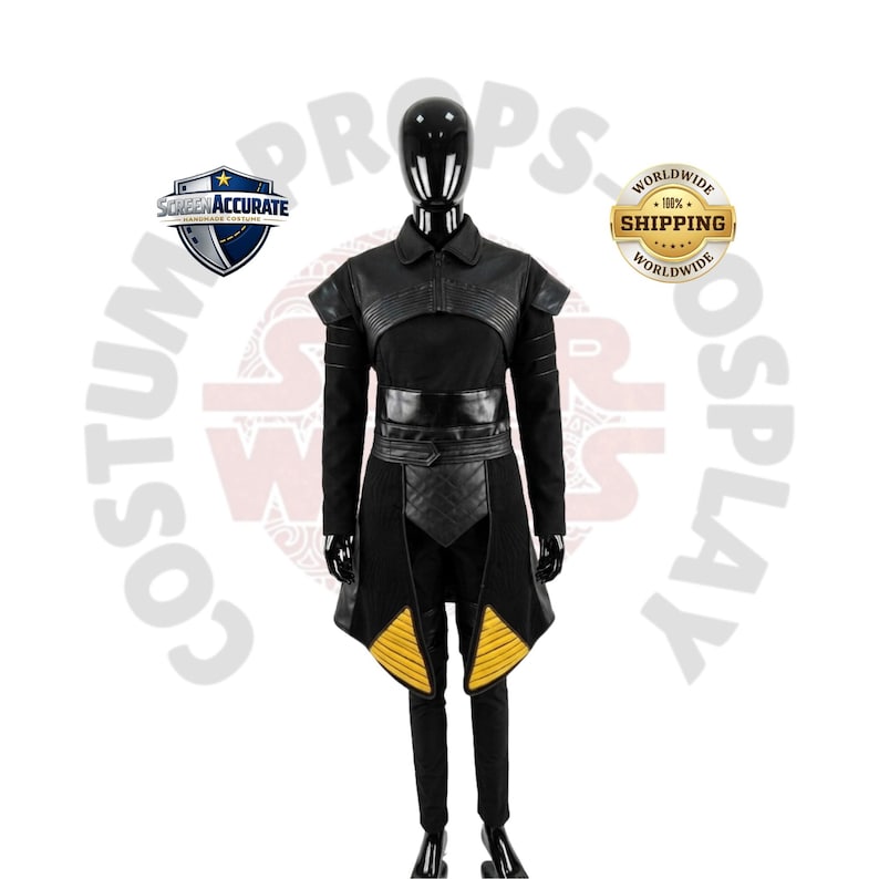 May include: A black cosplay costume displayed on a mannequin. The costume features a long coat with yellow accents, a leather-like chest piece, and matching pants. The image includes logos for "Screen Accurate" and "Worldwide Shipping".