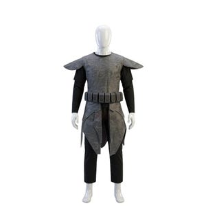 May include: A gray textured tunic with shoulder pauldrons and a utility belt featuring multiple pouches, worn over a black long-sleeved shirt and black trousers on a white mannequin. The ensemble includes a layered skirt section with pointed panels.