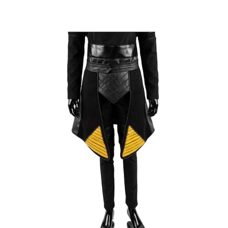 May include: Black costume with a leather belt and accents. The costume features a long-sleeved top, pants, and a decorative skirt with yellow and black details. The belt has a quilted pattern.