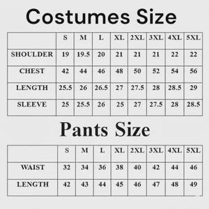 May include: A size chart for costumes and pants, with measurements in inches. The chart includes sizes S to 5XL, detailing shoulder, chest, length, and sleeve measurements for costumes, and waist and length for pants.